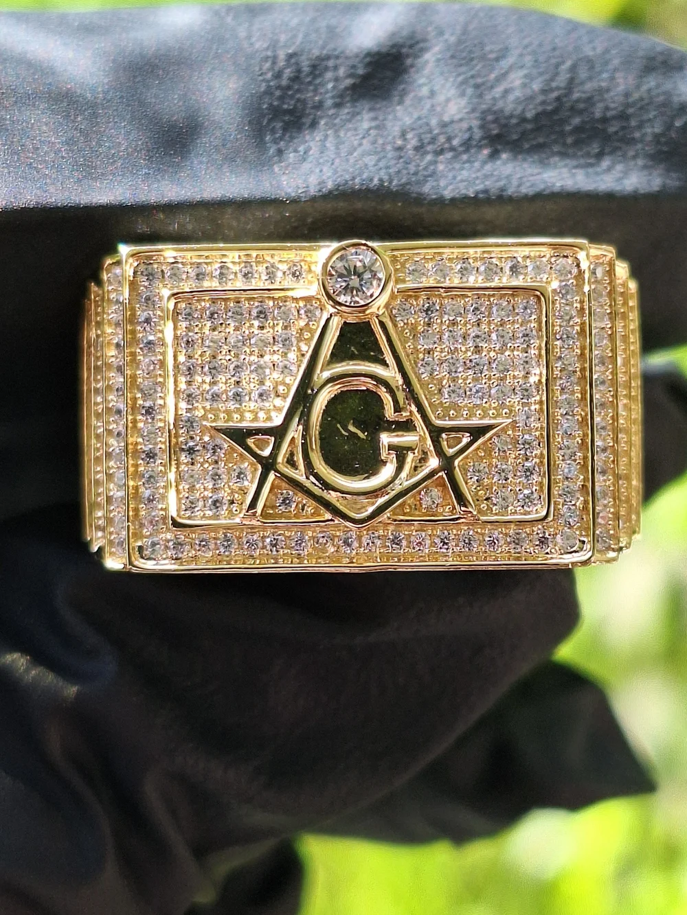 Gold Over 925 Sterling Silver Size 13 Masonic Cubiz Zirconia Ring